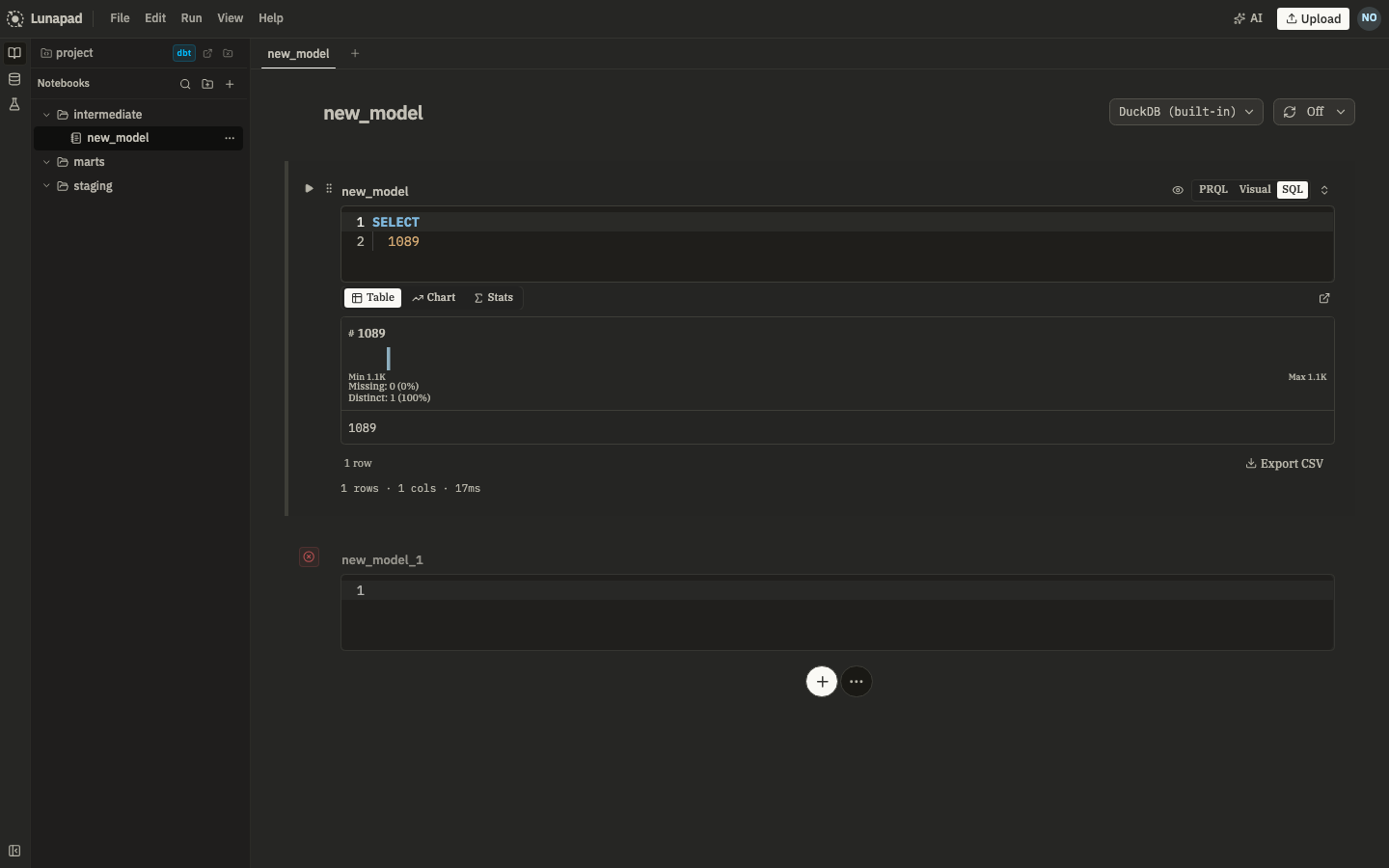 A Lunapad notebook open in the browser, with the sidebar listing notebooks grouped into folders and a query cell showing results below it
