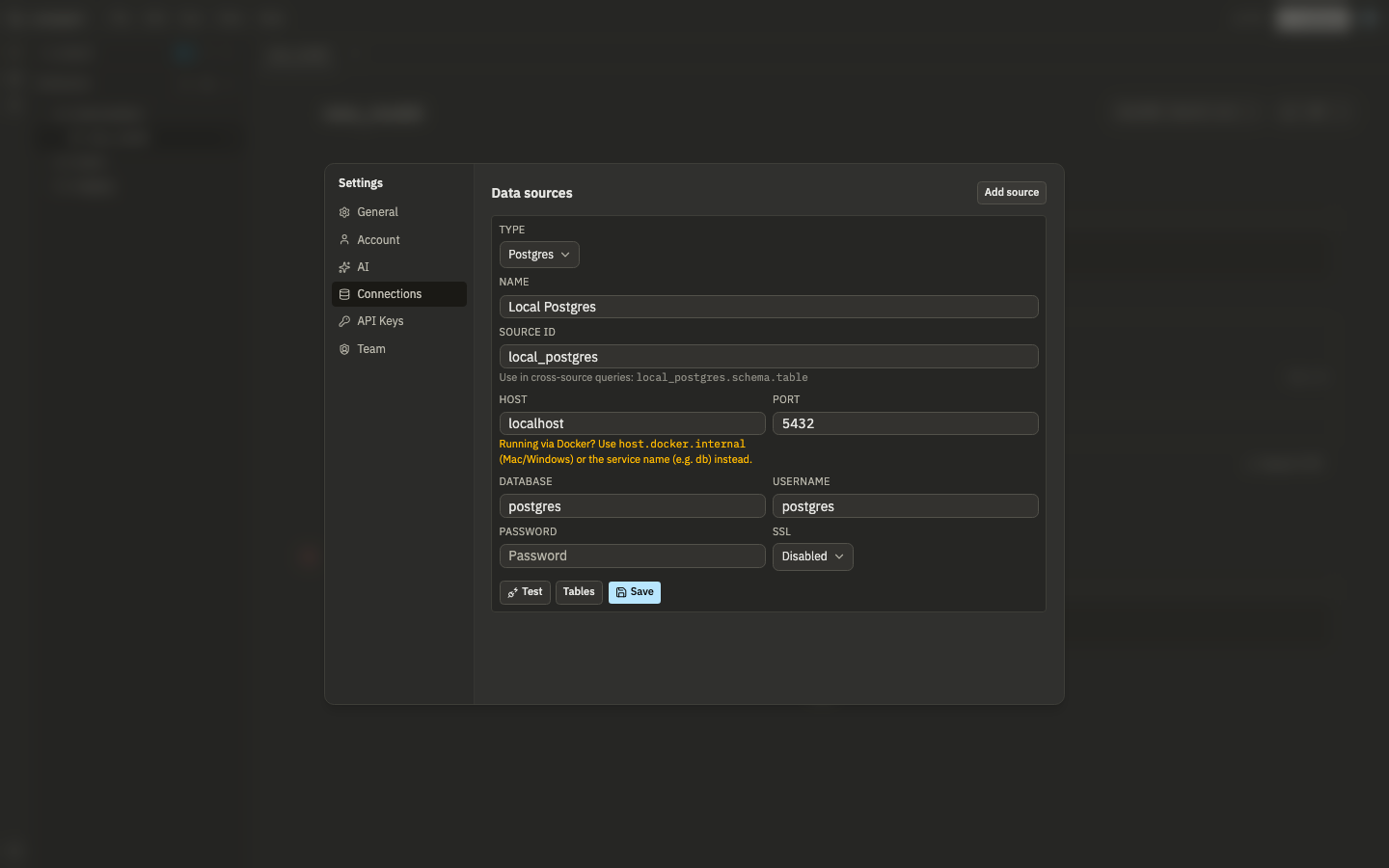 The Data sources panel in Settings, showing the add-source form with type, name, source ID, host, port, database, username, and password fields