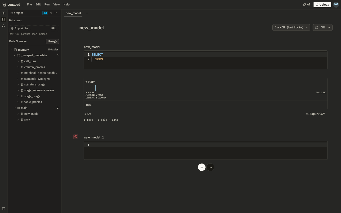 The schema browser sidebar listing the built-in DuckDB database, its schemas, and tables