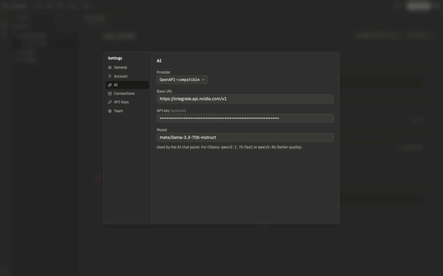 Settings → AI configured with an OpenAPI-compatible provider, a base URL, a masked API key, and a model name