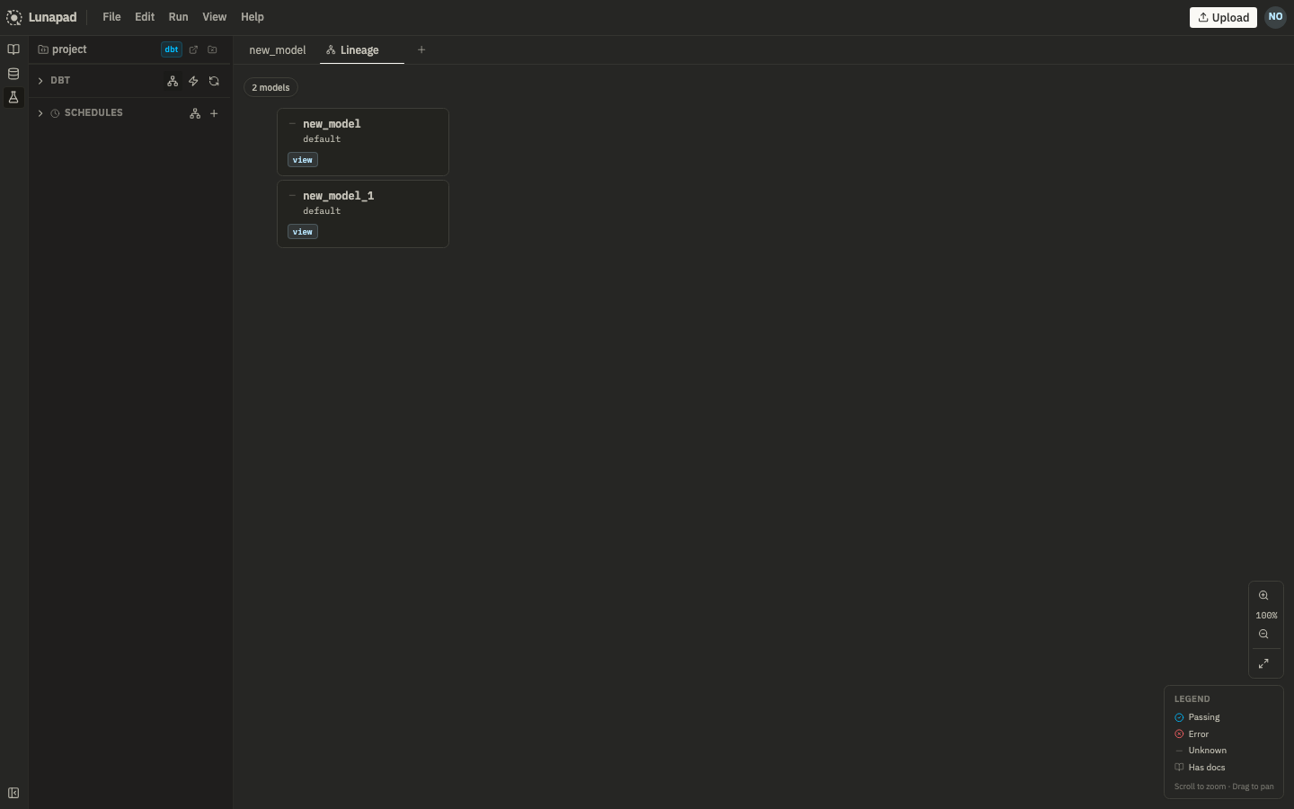 The lineage view showing two models as cards with their status badges