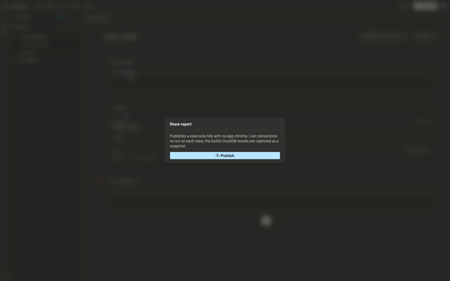 The Share report dialog before publishing, with a description of what publishing does and a Publish button