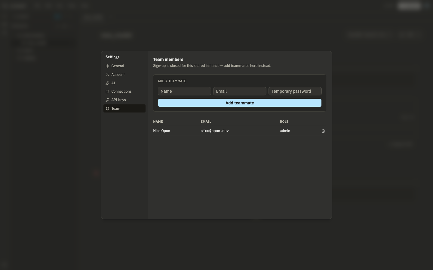 The Team members settings panel with a form to add a teammate by name, email, and temporary password, and a list showing the admin account